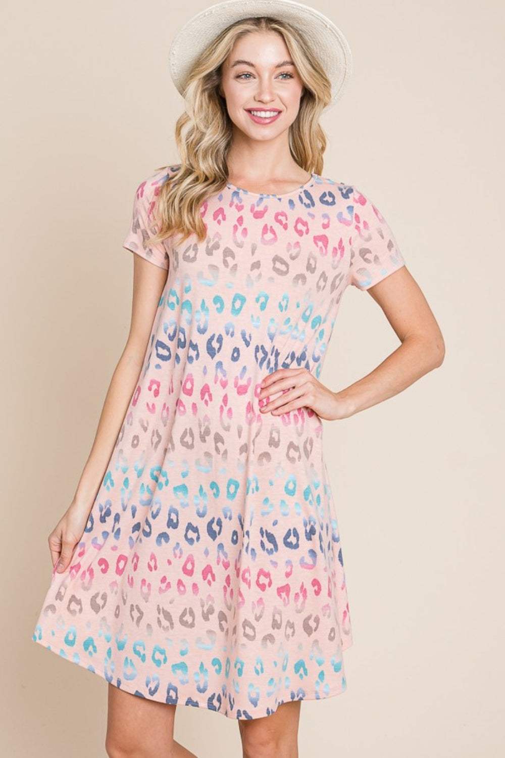 BOMBOM Leopard Round Neck Short Sleeve Dress - Trendsi - Flyclothing LLC