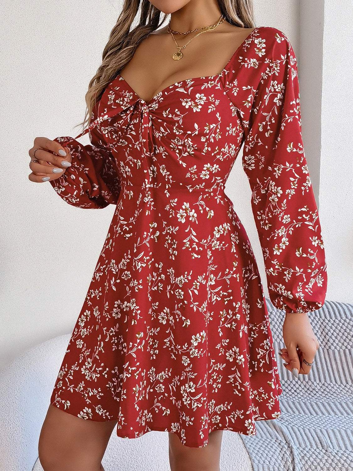 Printed Sweetheart Neck Balloon Sleeve Mini Dress - Trendsi - Flyclothing LLC