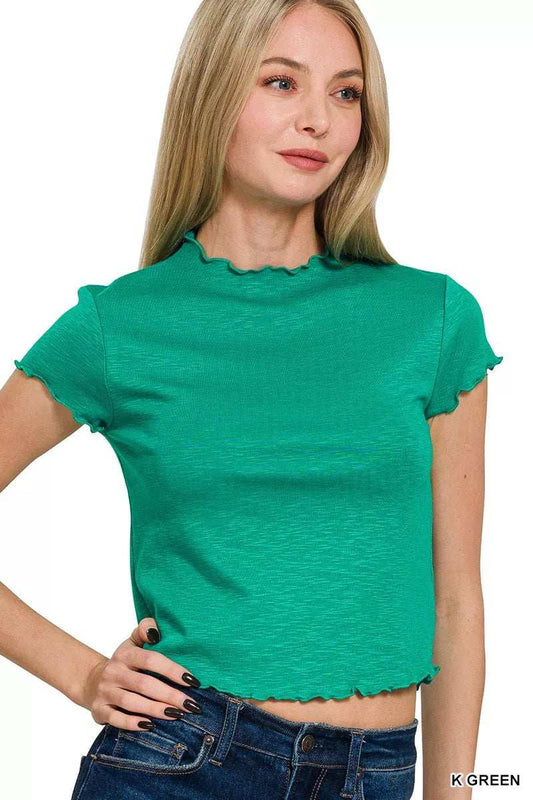 Zenana Cotton Modal Slub Lettuce Trimmed Cropped T-Shirt - Trendsi - Flyclothing LLC