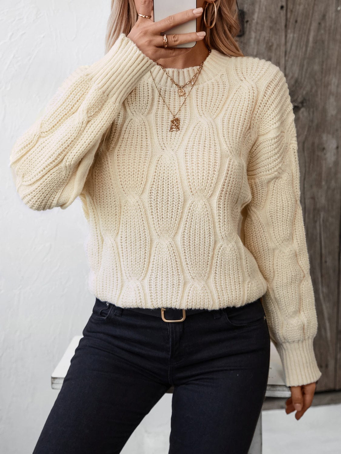 Round Neck Dropped Shoulder Sweater - Trendsi