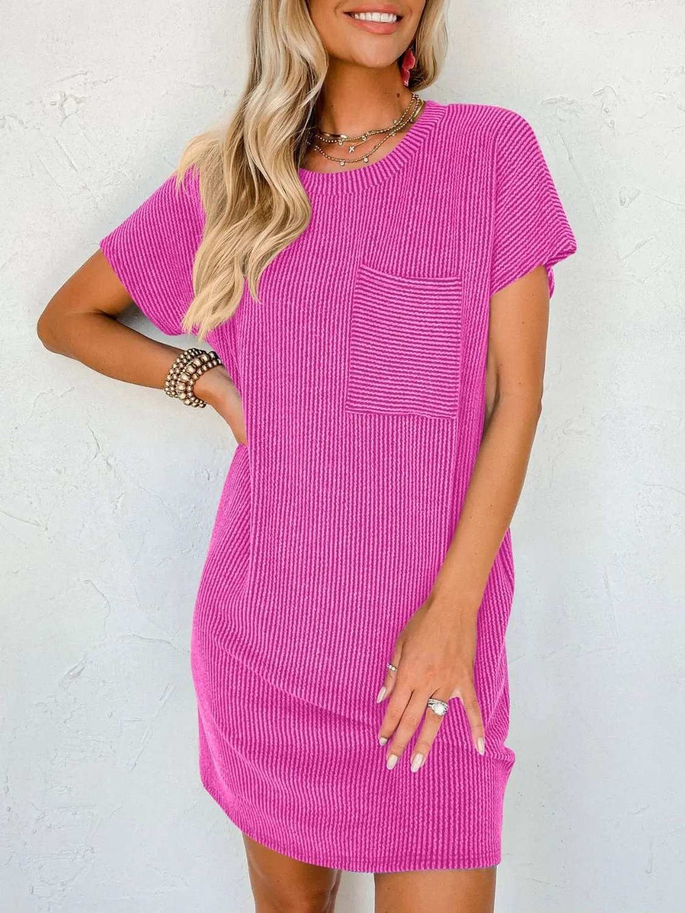 Round Neck Short Sleeve Mini Dress - Trendsi - Flyclothing LLC