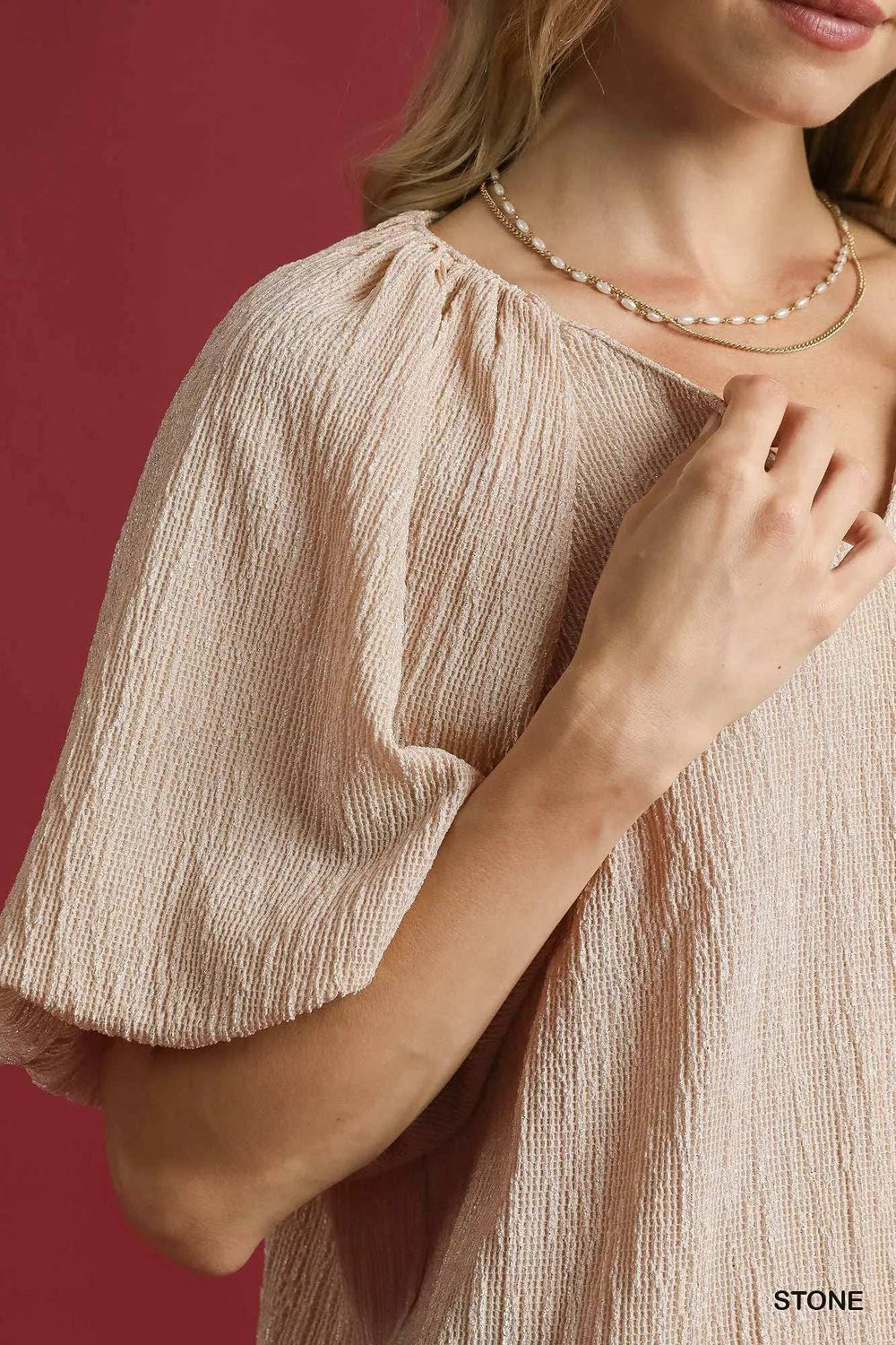 Umgee Texture Puff Sleeve Notched Blouse - Trendsi - Flyclothing LLC