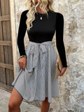 Tied Striped Round Neck Long Sleeve  Dress - Trendsi