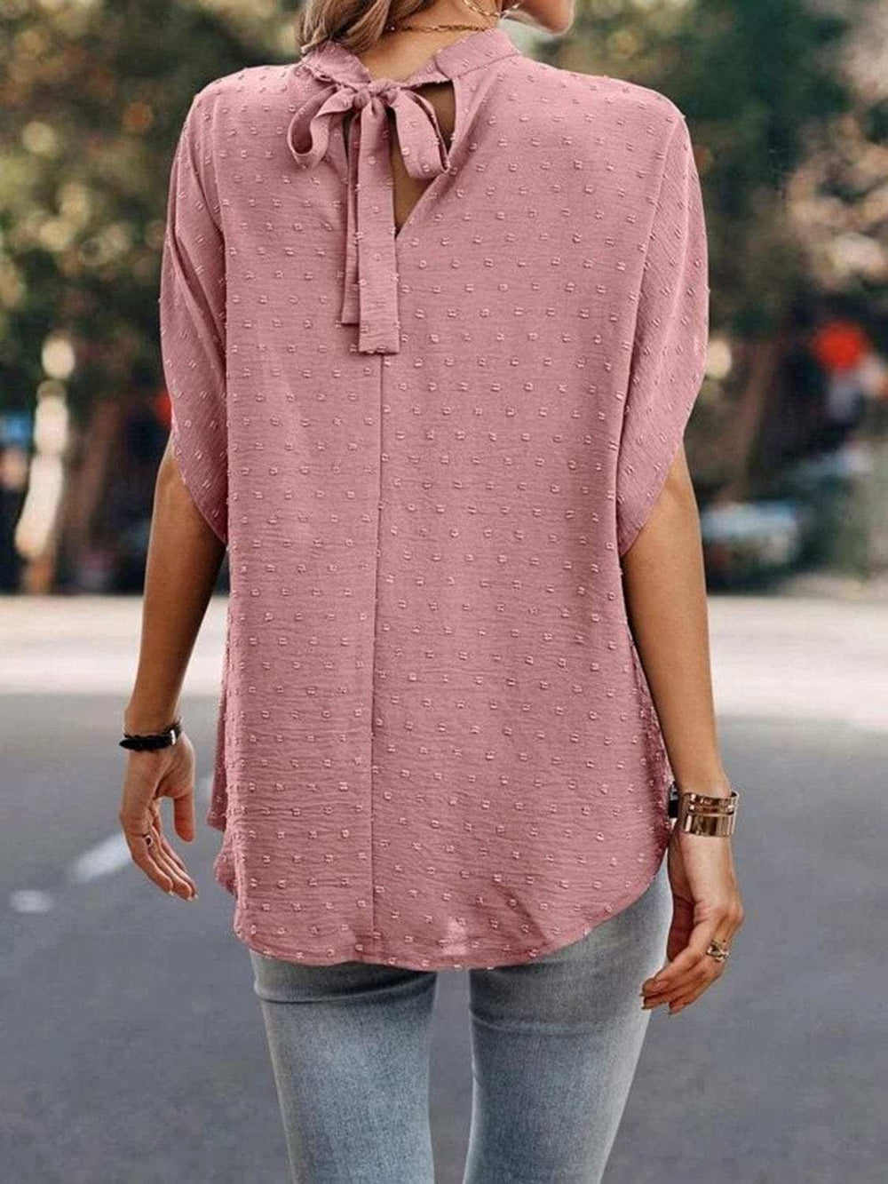 Swiss Dot Mock Neck Half Sleeve Blouse - Trendsi - Flyclothing LLC