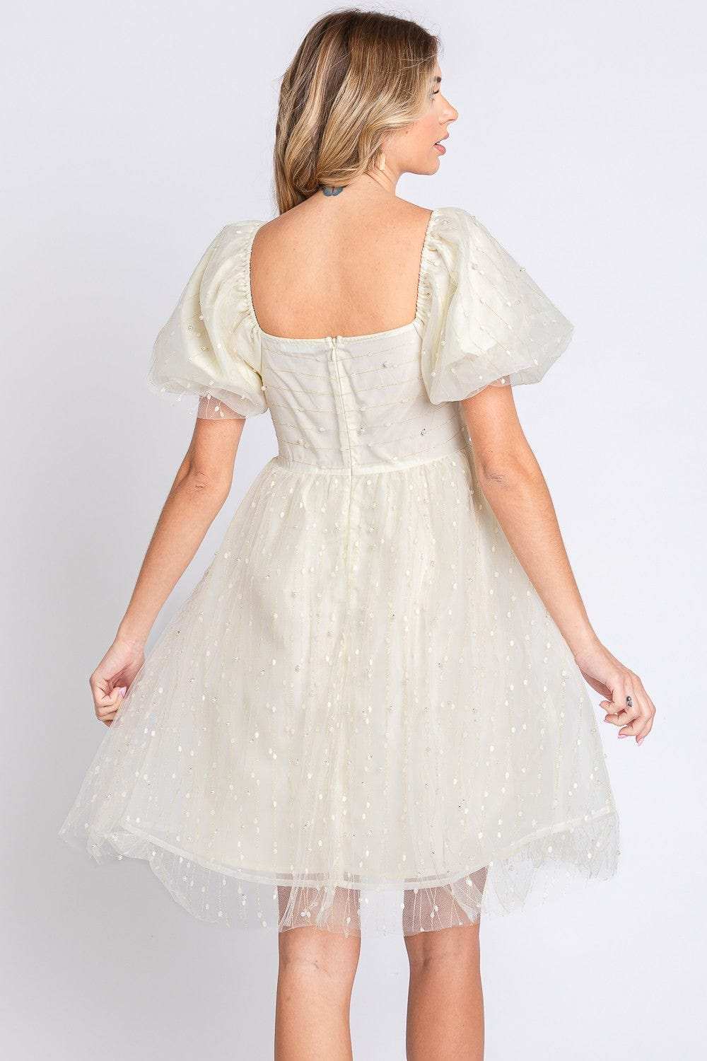 GeeGee Pearl Mesh Puff Sleeve Babydoll Dress - Trendsi - Flyclothing LLC