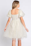 GeeGee Pearl Mesh Puff Sleeve Babydoll Dress - Trendsi