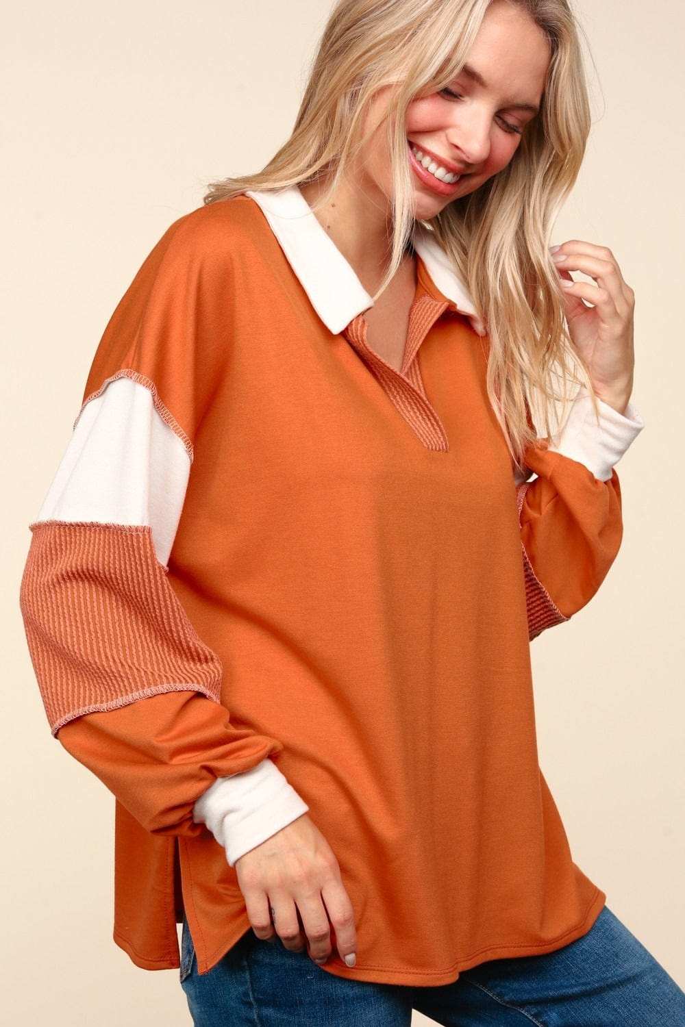 Haptics Color Block Exposed Seam Long Sleeve Top - Trendsi - Flyclothing LLC