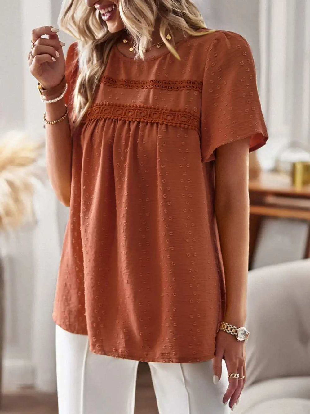 Lace Detail Round Neck Short Sleeve Blouse - Trendsi - Flyclothing LLC