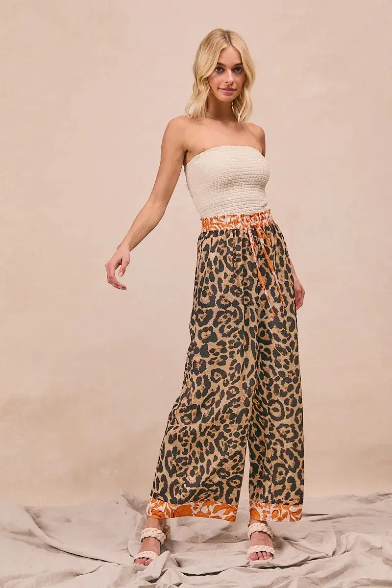 BiBi Leopard Print With Contrast Banded Wide Pants - Trendsi - Flyclothing LLC
