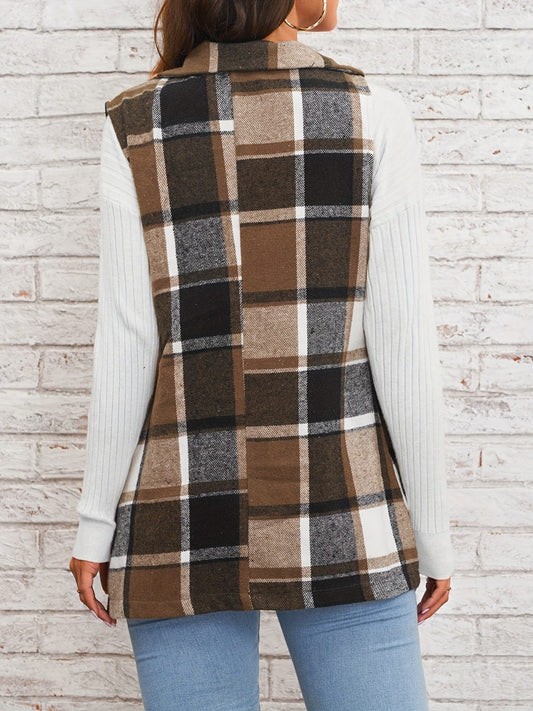 Plaid Button Down Vest Coat - Trendsi