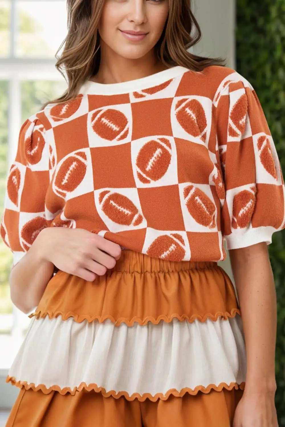 Football Round Neck Short Sleeve Sweater - Trendsi - Flyclothing LLC