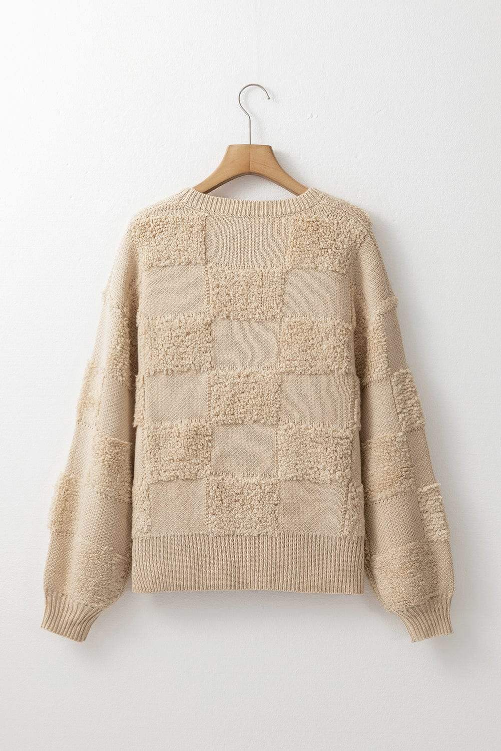 Checkered Round Neck Dropped Shoulder Sweater - Trendsi - Flyclothing LLC
