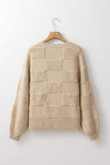 Checkered Round Neck Dropped Shoulder Sweater - Trendsi - Flyclothing LLC