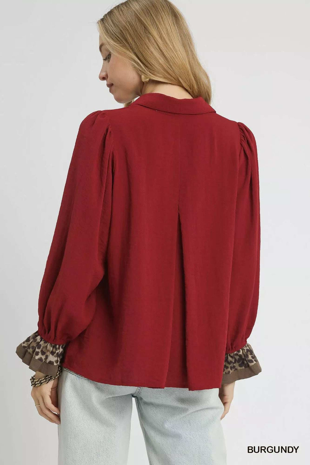 Umgee Half Button Blouse with Leopard Print Trim - Trendsi - Flyclothing LLC