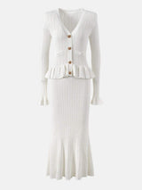 Ruffled V-Neck Top and Midi Skirt Sweater Set - Trendsi - Flyclothing LLC