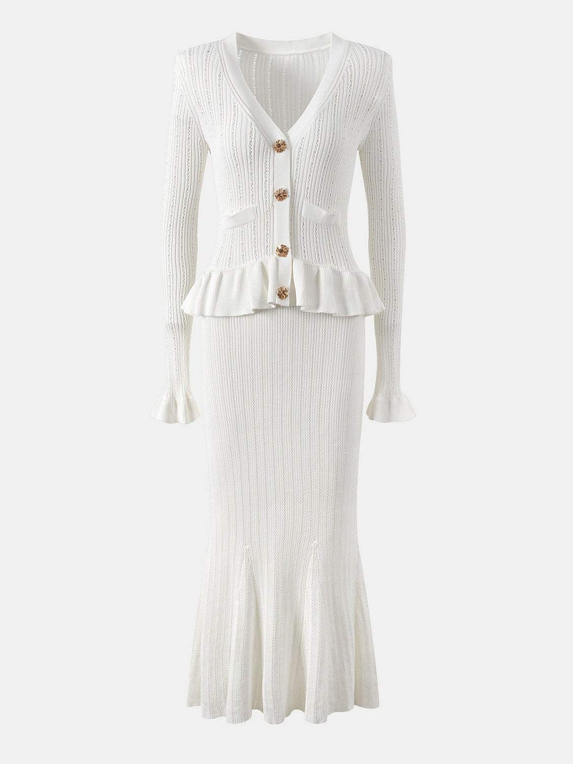 Ruffled V-Neck Top and Midi Skirt Sweater Set - Trendsi - Flyclothing LLC