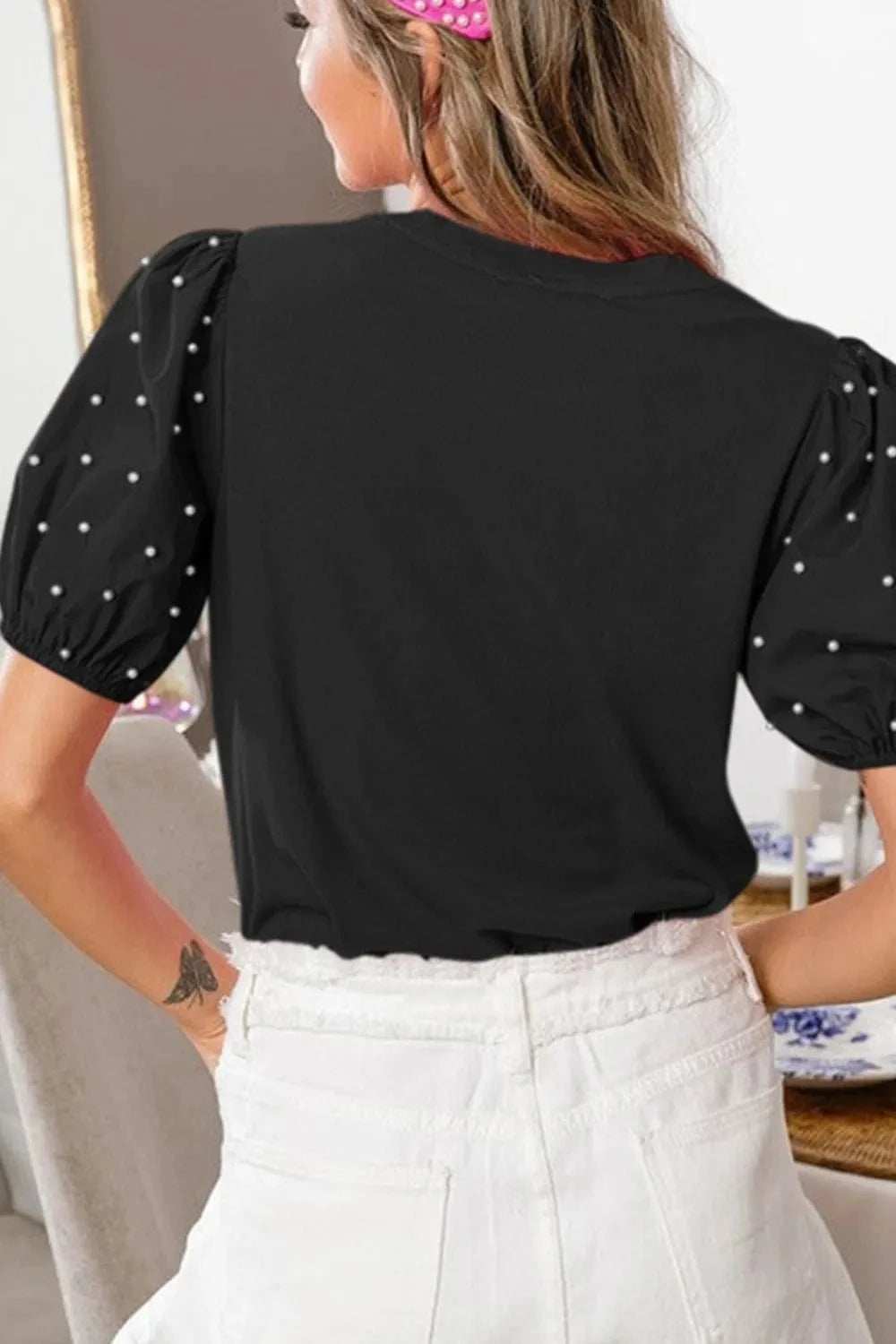 Pearl Detail Round Neck Short Sleeve Blouse - Trendsi - Flyclothing LLC