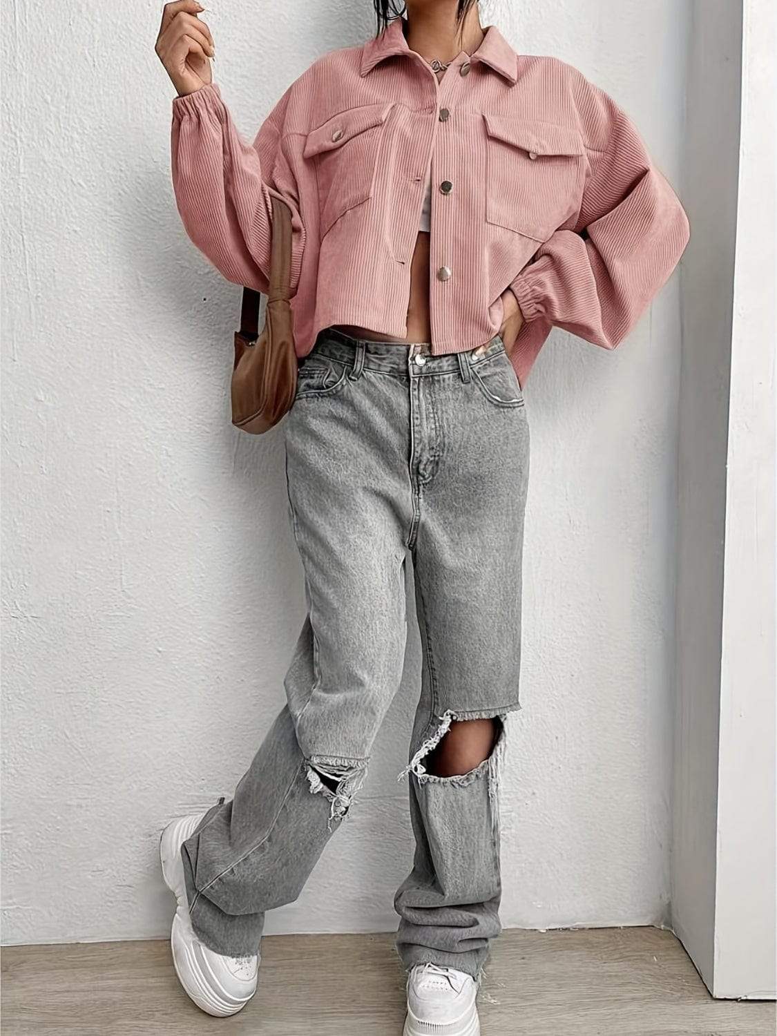Collared Neck Dropped Shoulder Jacket - Trendsi - Flyclothing LLC