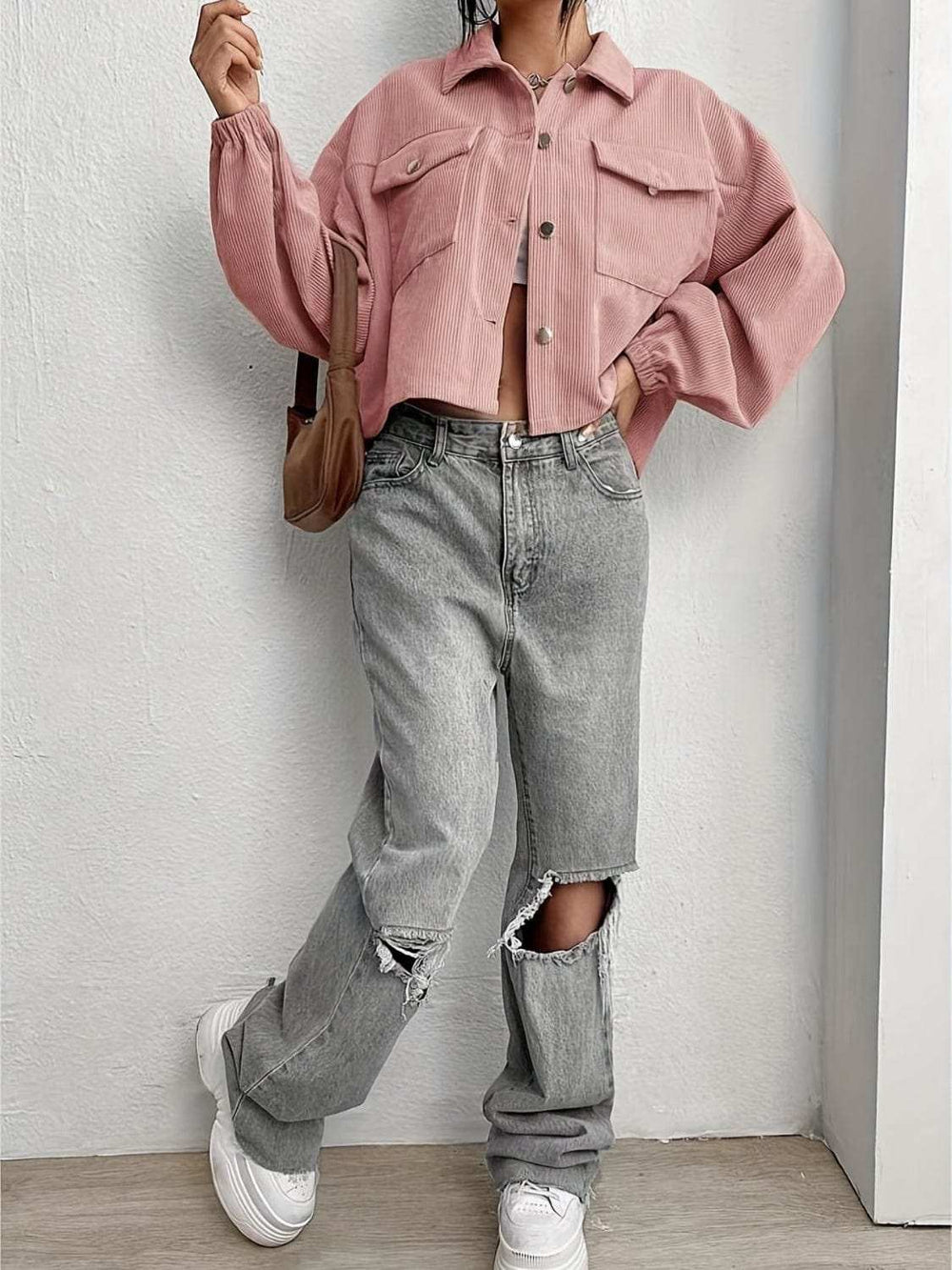 Collared Neck Dropped Shoulder Jacket - Trendsi - Flyclothing LLC