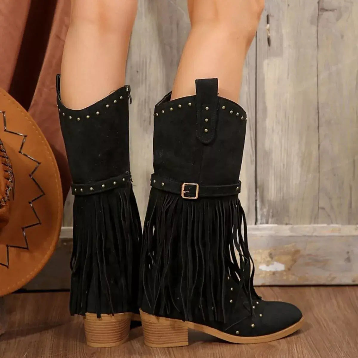 Fringe Point Toe Block Heels Boots - Trendsi - Flyclothing LLC