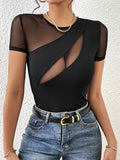 Mesh Patchwork Round Neck Short Sleeve Top - Trendsi