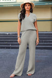 Pocketed V-Neck Top and Wide Leg Sweater Set - Trendsi - Flyclothing LLC