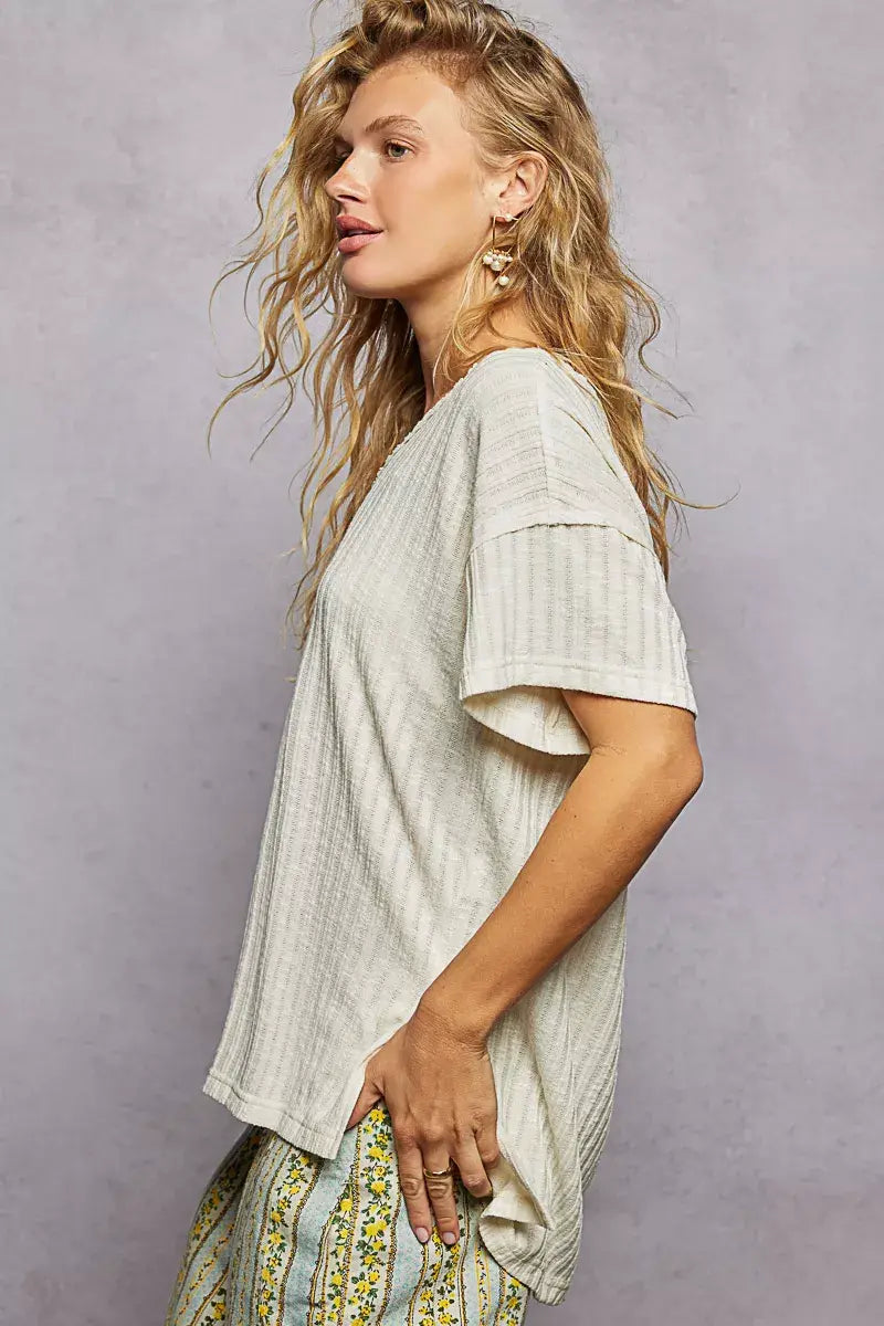POL Ribbed Knit V-Neck Short Sleeve T-Shirt with Side Slit - Trendsi - Flyclothing LLC