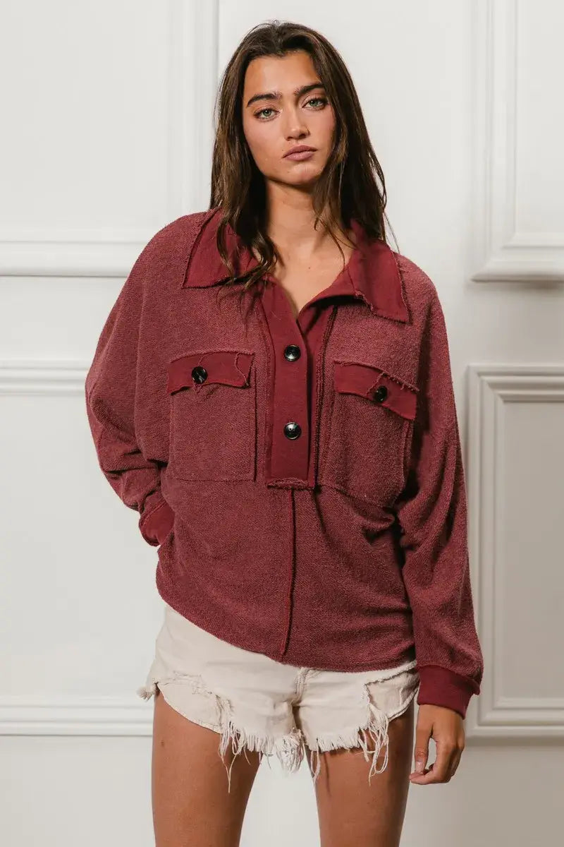 BiBi Cp French Terry Cut Edge Detail Collared Top - Trendsi - Flyclothing LLC
