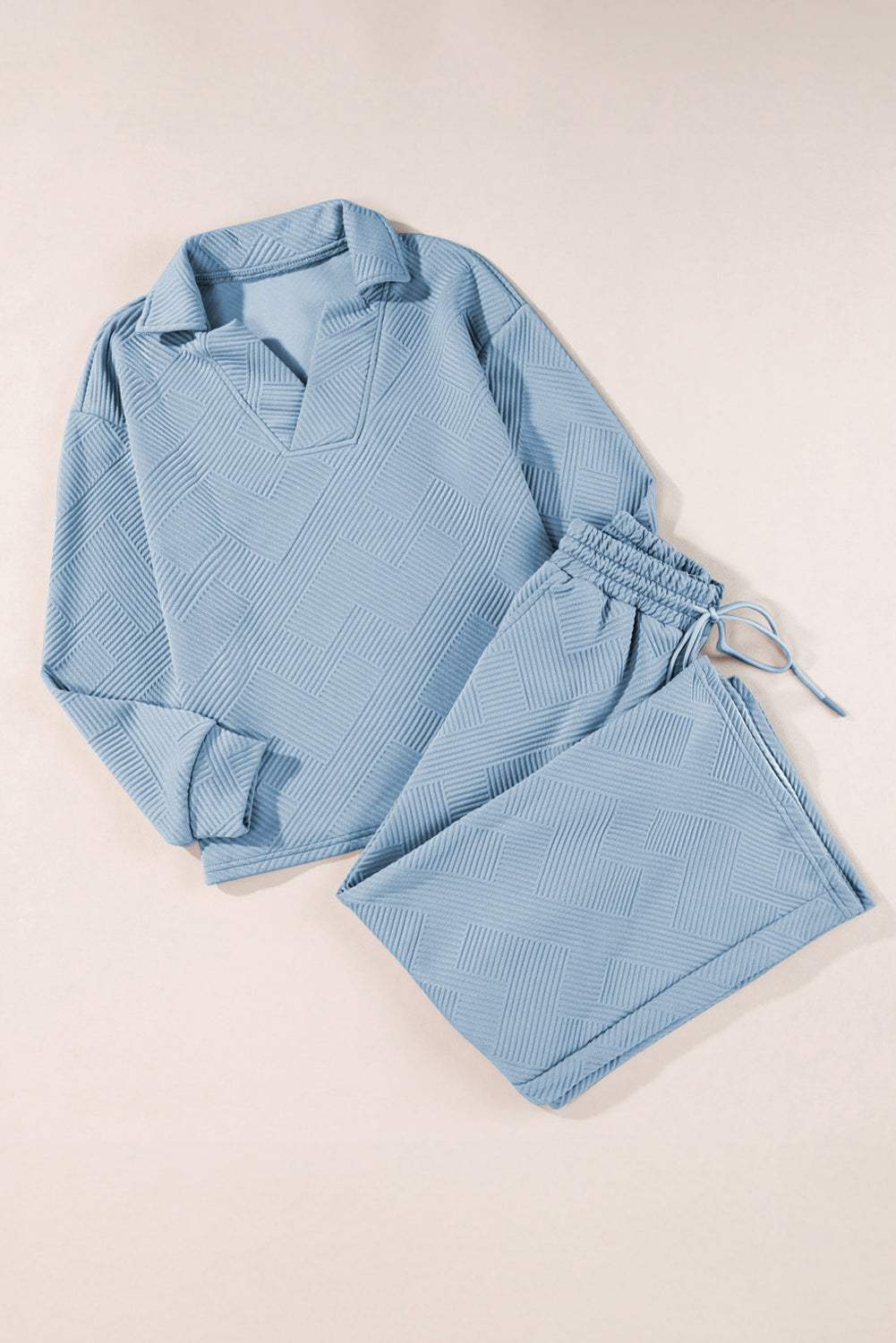 Textured Collared Neck Top and Wide Leg Pants Set - Trendsi - Flyclothing LLC