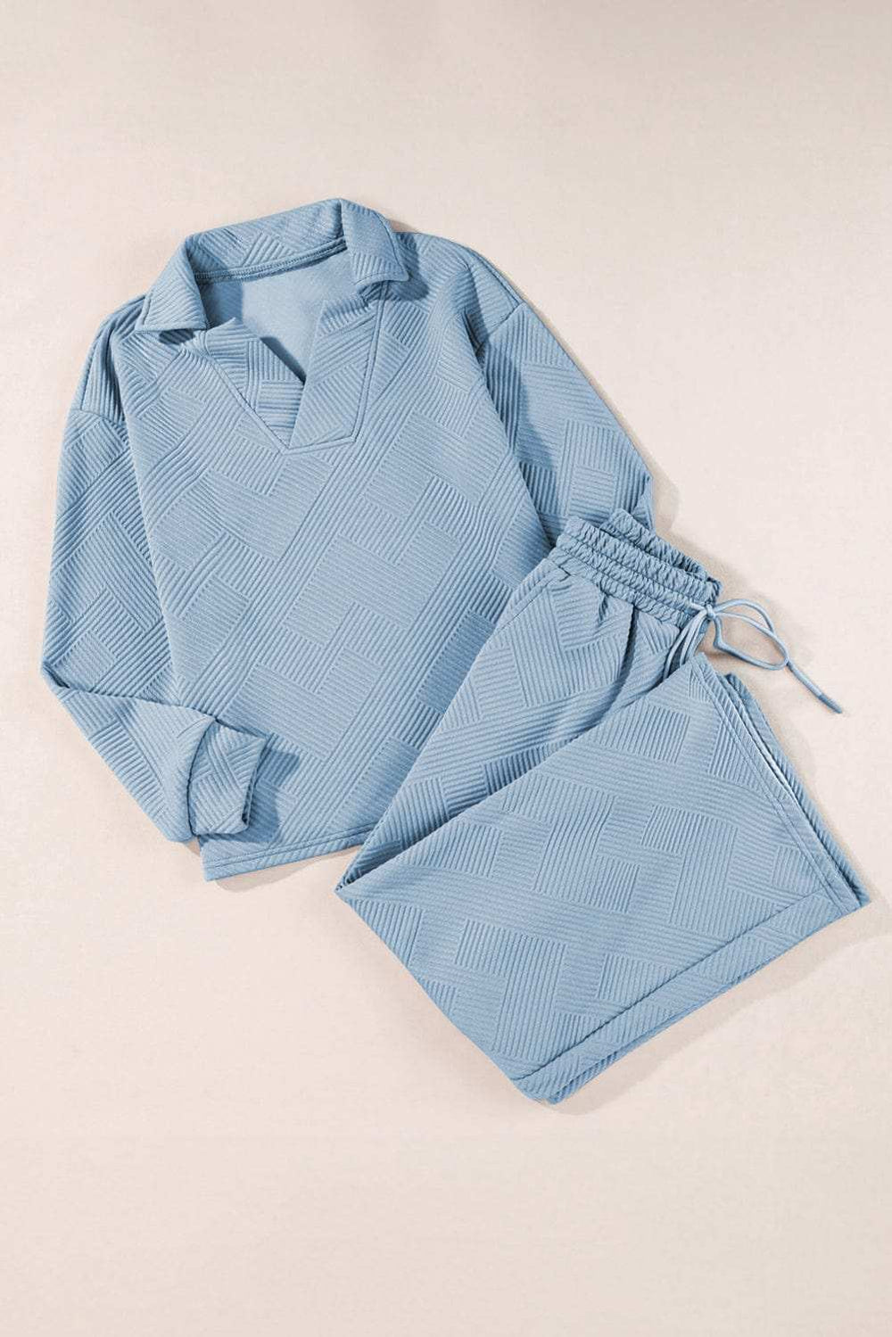 Textured Collared Neck Top and Wide Leg Pants Set - Trendsi - Flyclothing LLC