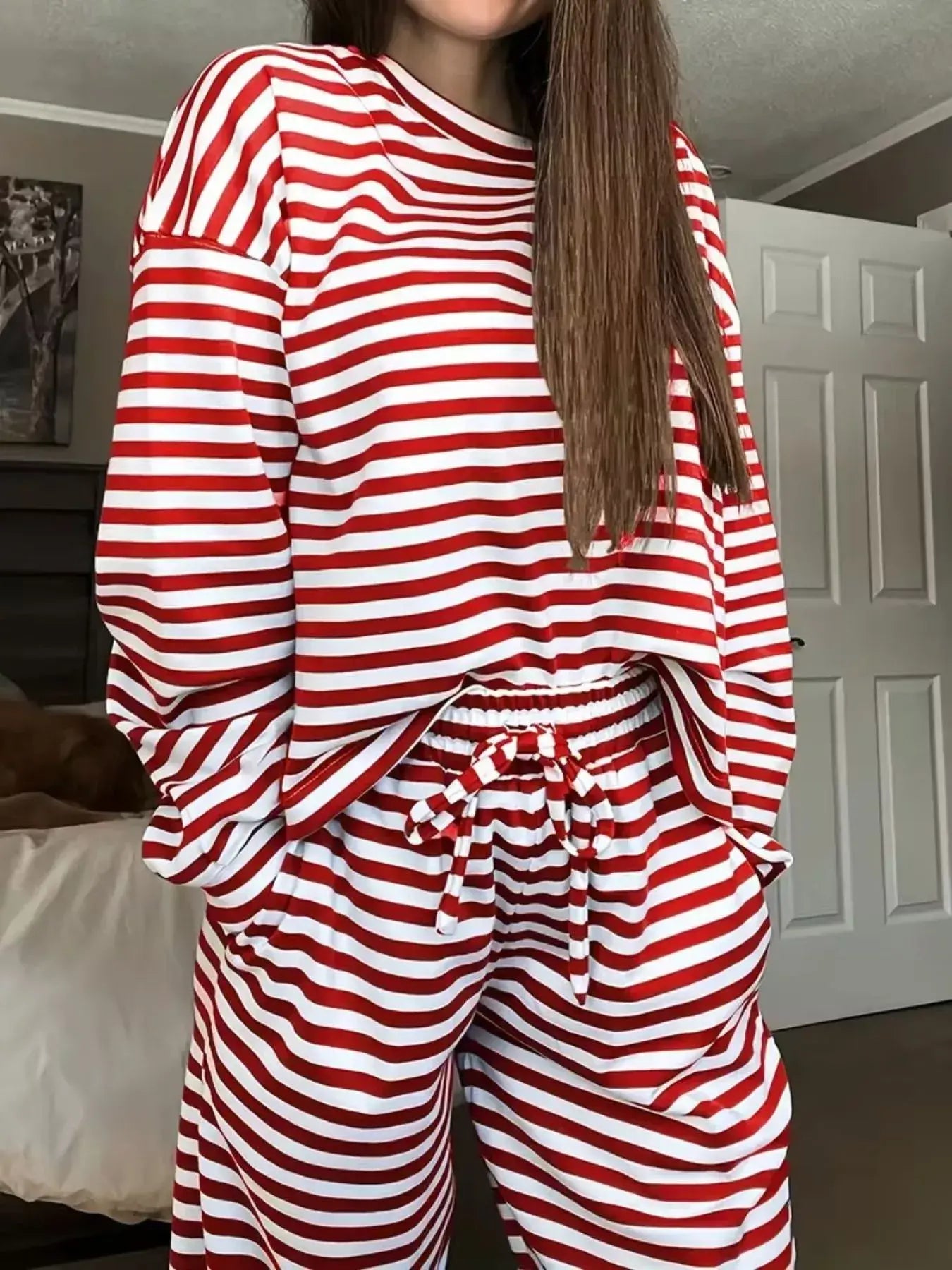 Striped Round Neck Top and Pants Set - Trendsi - Flyclothing LLC