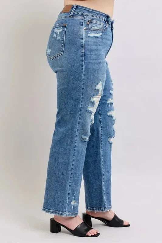 Judy Blue Full Size High Waist Heavy Destroy Straight Jeans Plus Size - Trendsi - Flyclothing LLC