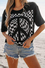 Checkered Peace Sign Round Neck T-Shirt - Trendsi - Flyclothing LLC
