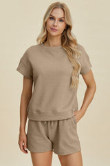 Double Take Full Size Texture Short Sleeve Top and Shorts Set - Trendsi