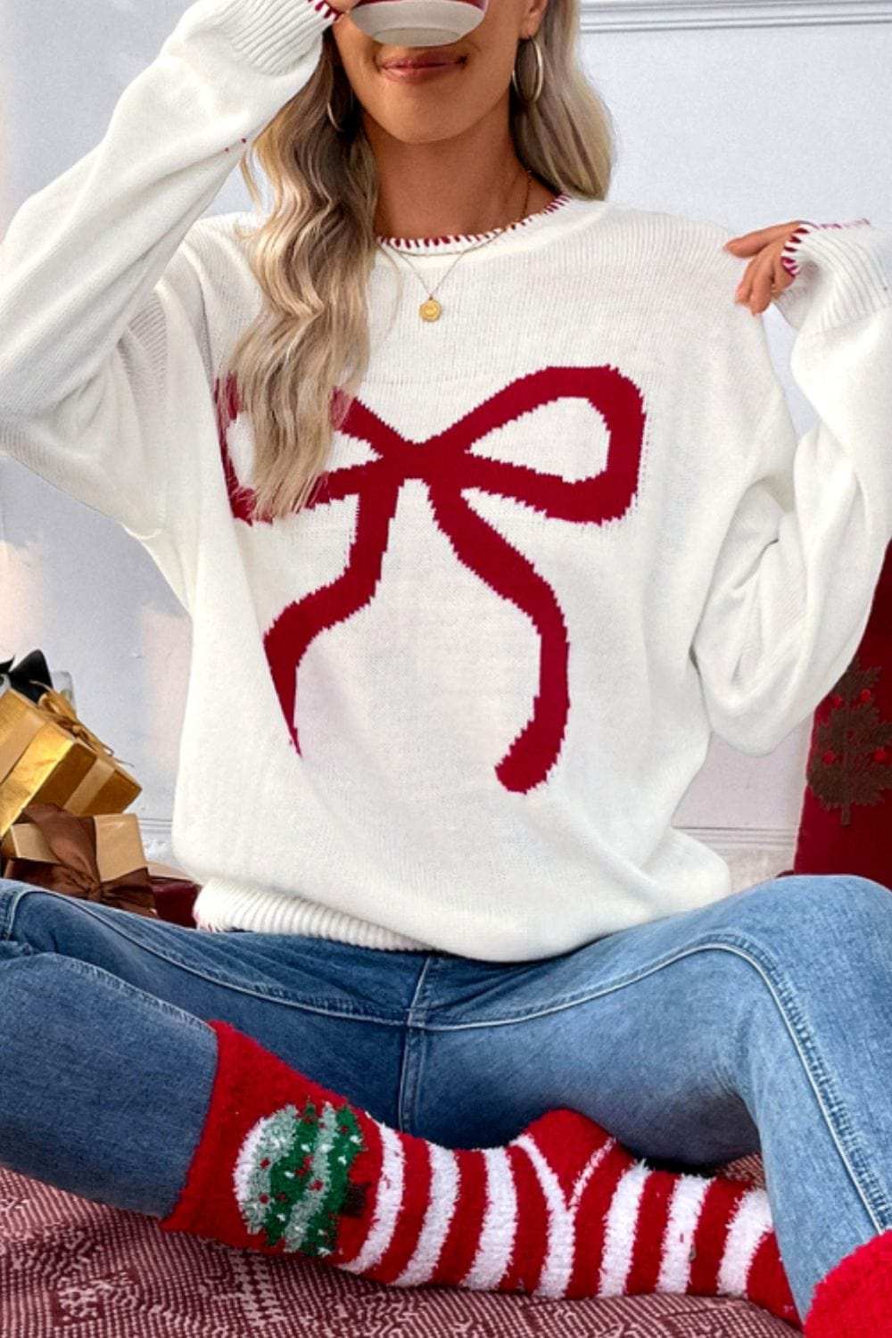 Bow Round Neck Drop Shoulder Sweater - Trendsi - Flyclothing LLC