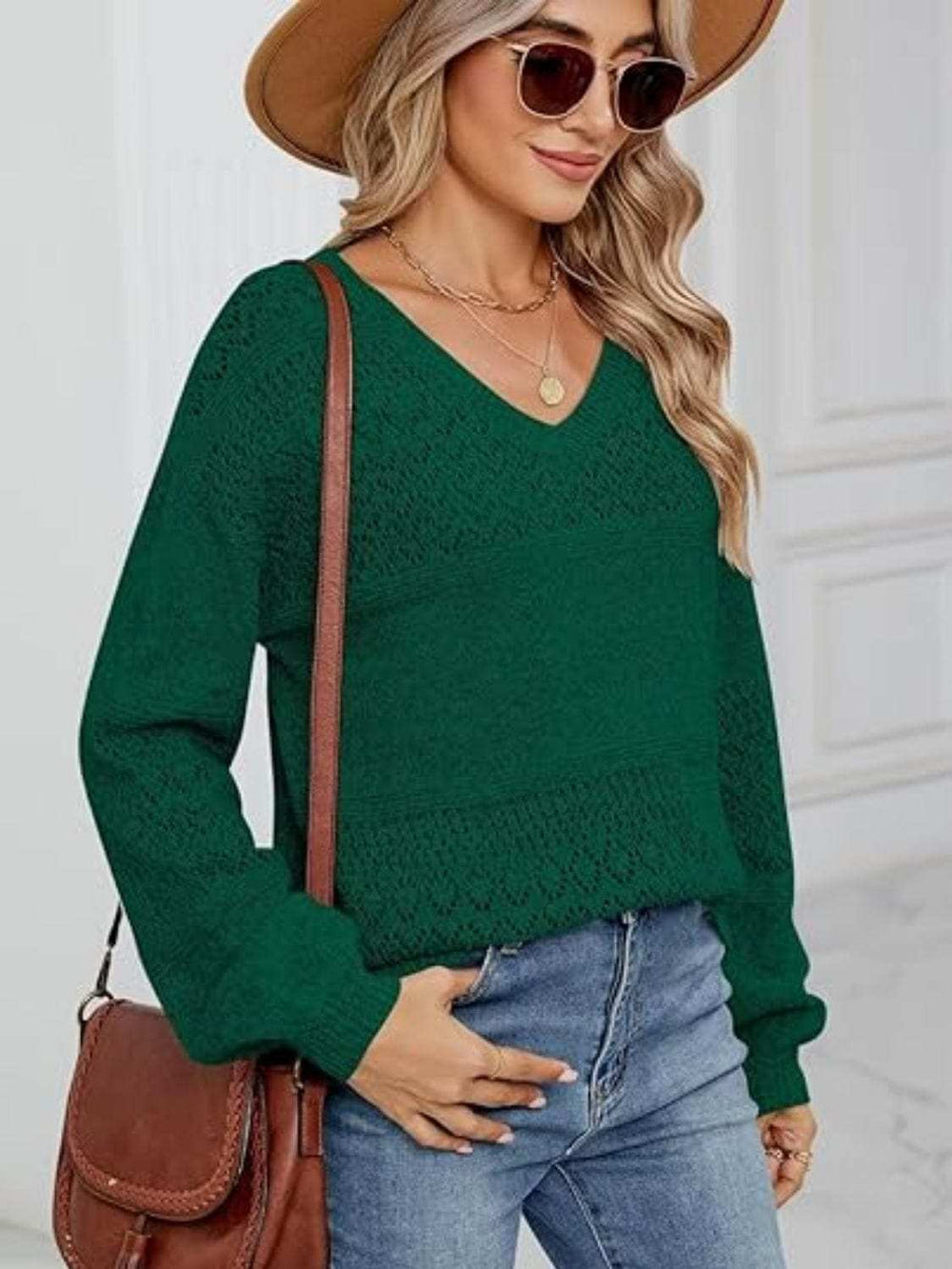 Eyelet V-Neck Long Sleeve Sweater - Trendsi - Flyclothing LLC