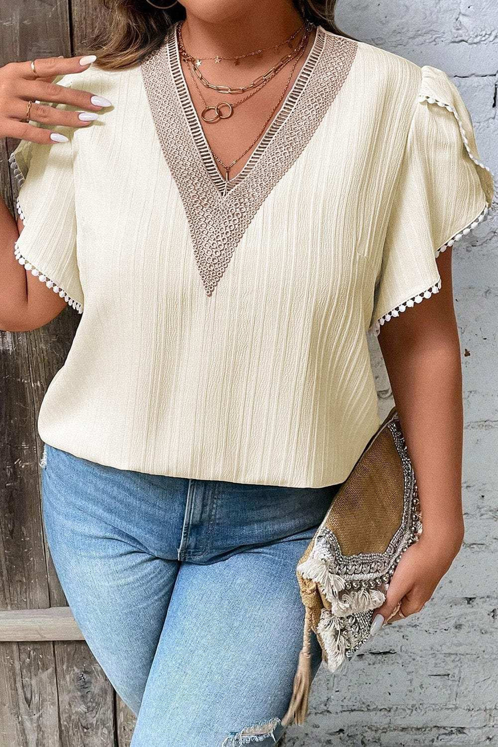 Plus Size V-Neck Petal Sleeve Blouse - Trendsi - Flyclothing LLC