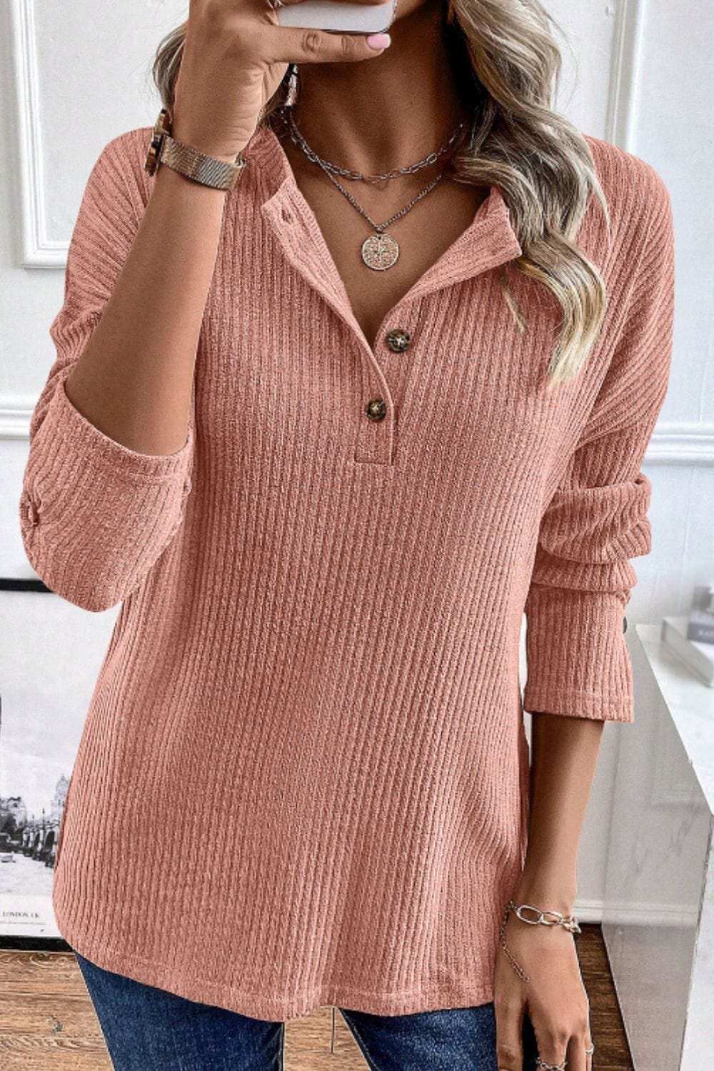 Quarter Button Round Neck Dropped Shoulder Knit Top - Trendsi - Flyclothing LLC