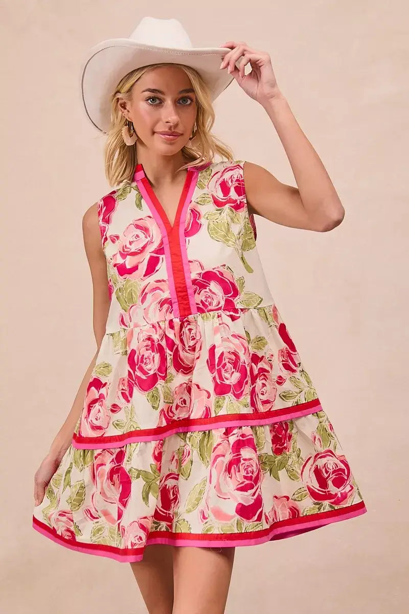 BiBi Floral Woven Contrast Edge Tiered Ruffle Mini Dress - Trendsi - Flyclothing LLC