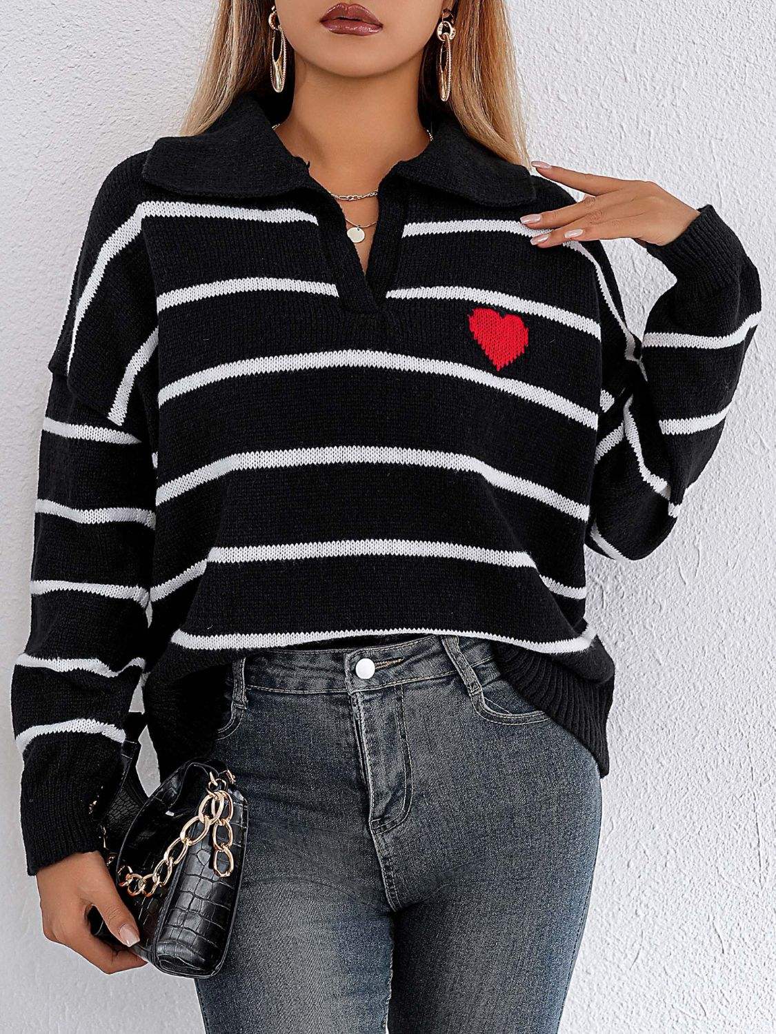 Striped Johnny Collar Long Sleeve Sweater - Trendsi - Flyclothing LLC