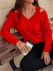 Honey Cable-Knit V-Neck Cold Shoulder Sweater - Trendsi