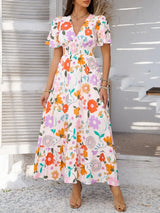 Devine Smocked Printed V-Neck Short Sleeve Maxi Dress - Trendsi - Flyclothing LLC