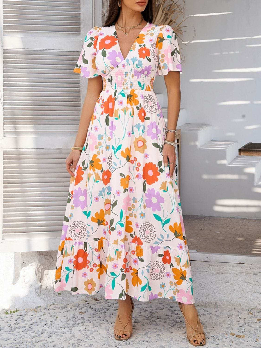 Devine Smocked Printed V-Neck Short Sleeve Maxi Dress - Trendsi - Flyclothing LLC