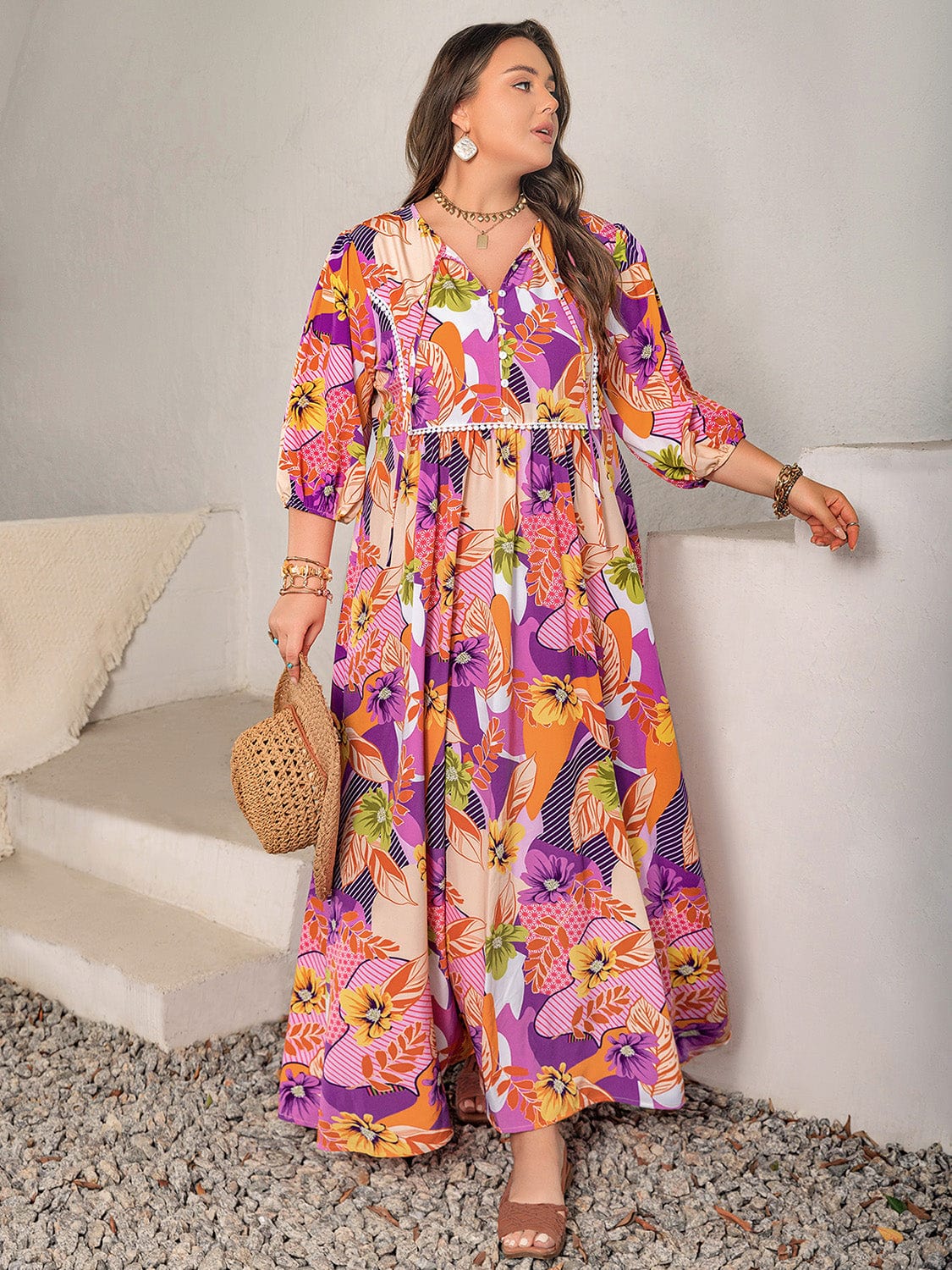 Plus Size Printed Tie Neck Maxi Dress - Trendsi