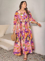 Plus Size Printed Tie Neck Maxi Dress - Trendsi