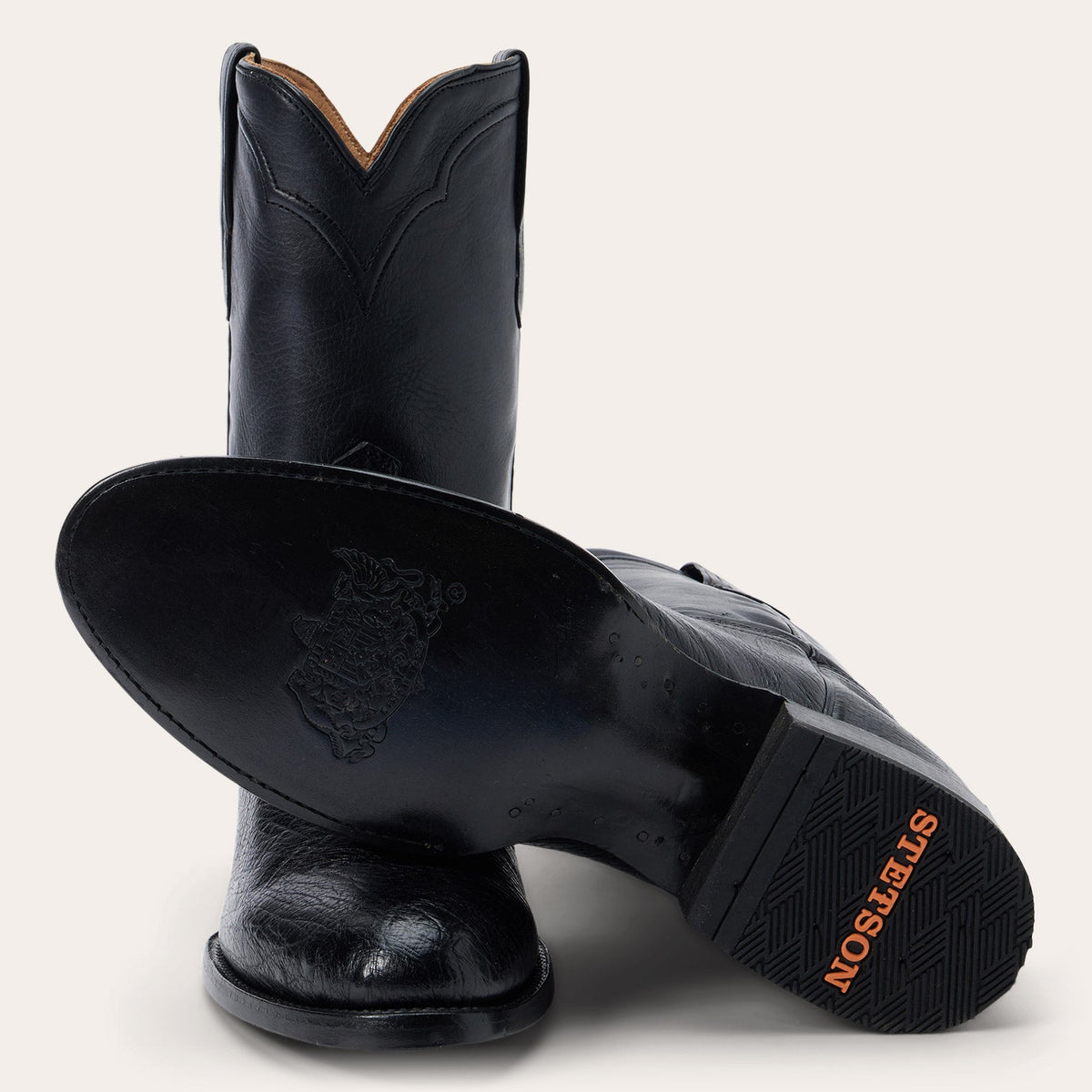 Stetson Clay Smooth Ostrich Roper Boots Black - Black