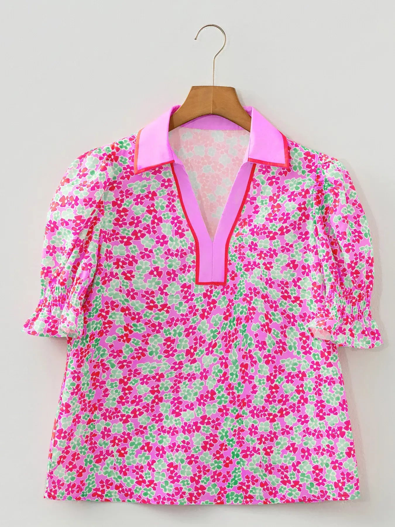 Floral Collared V Neck Short Puff Sleeve Blouse - Trendsi - Flyclothing LLC