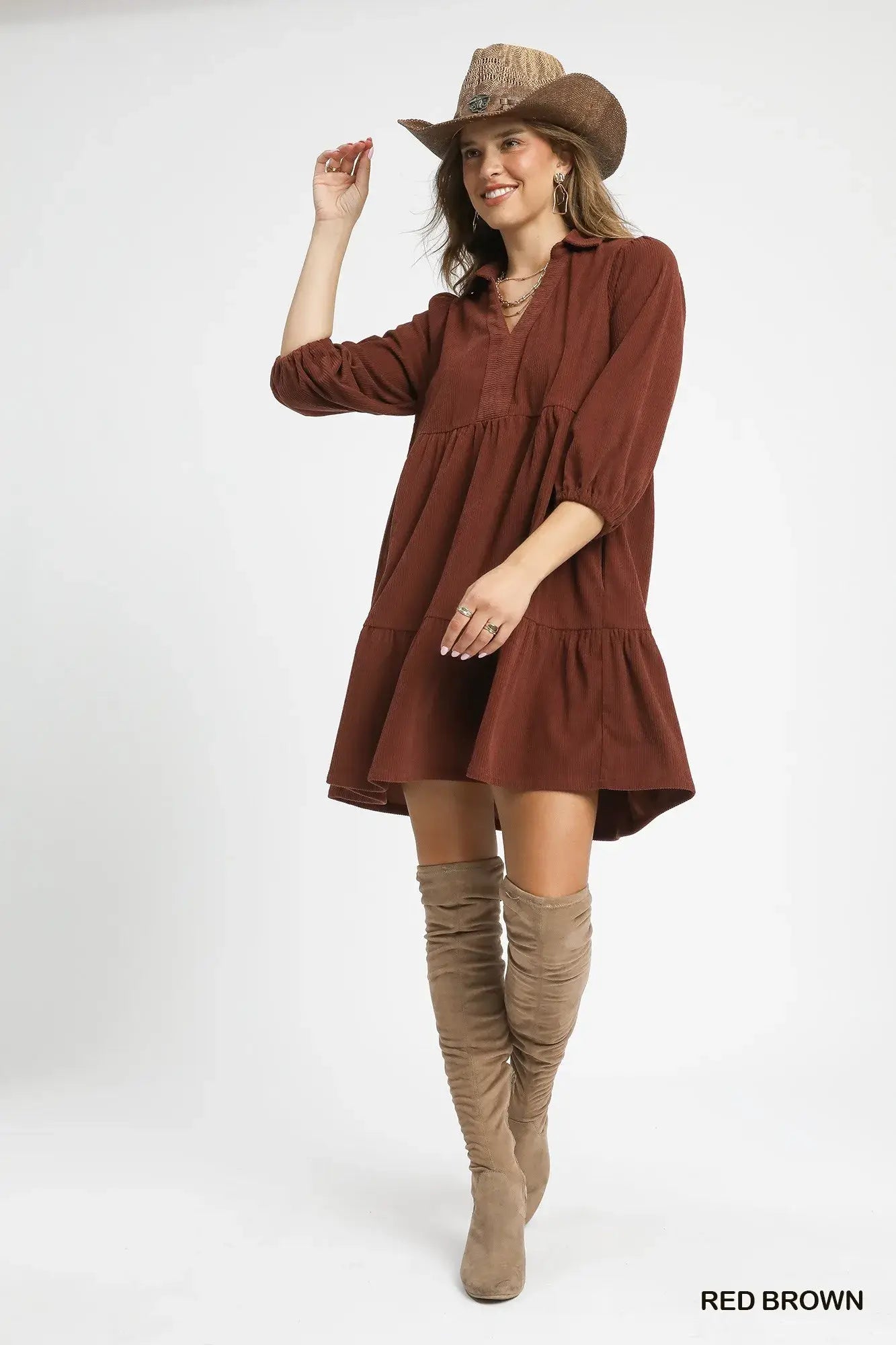 Umgee Tiered Corduroy Mini Dress with Balloon Sleeves - Trendsi - Flyclothing LLC