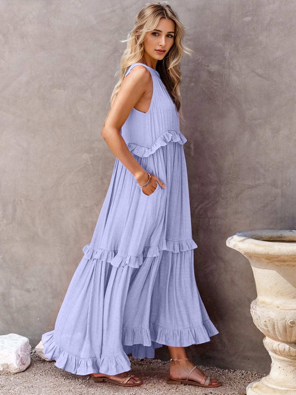 Ruffled Sleeveless Tiered Maxi Dress with Pockets - Trendsi - Flyclothing LLC