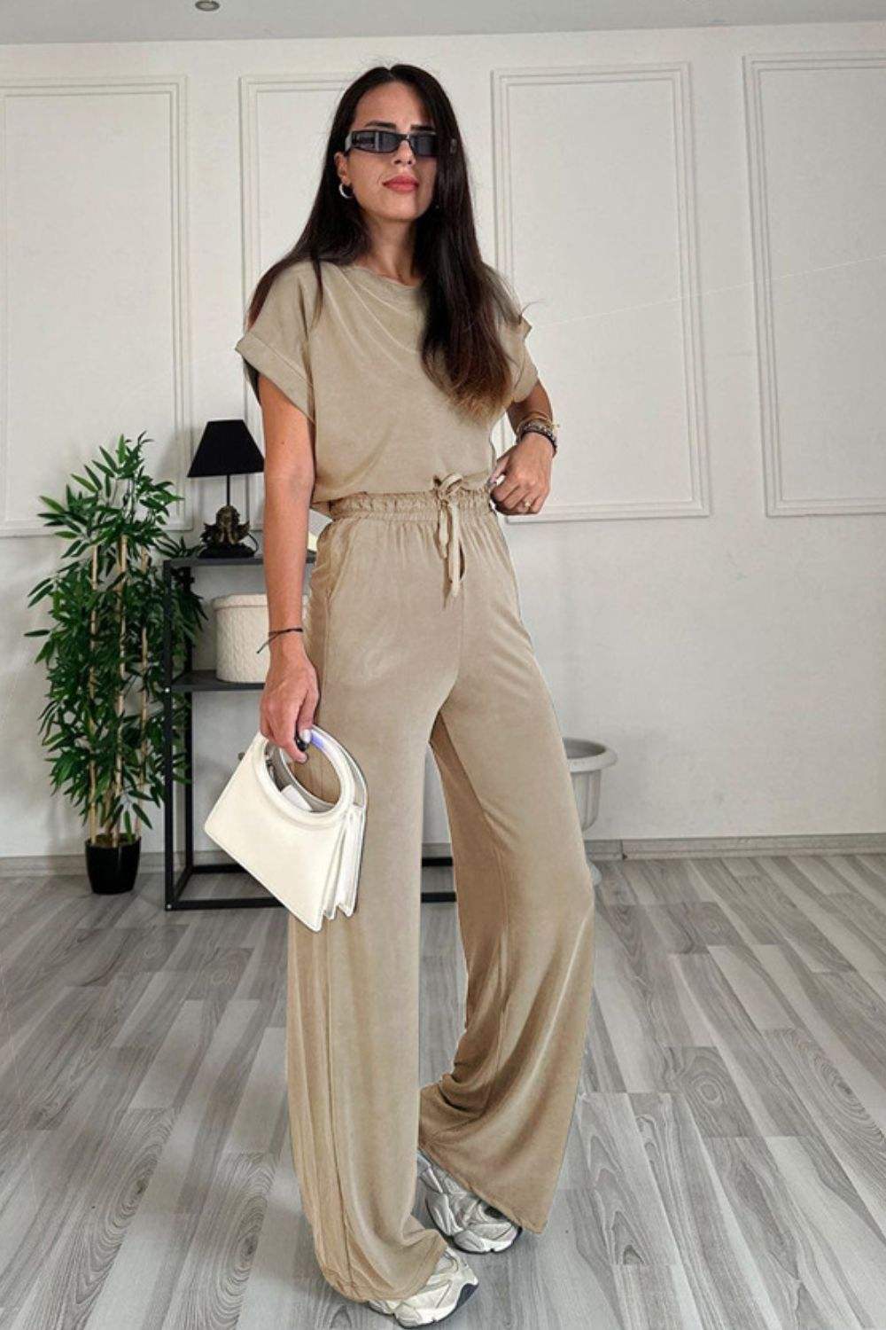 Round Neck Short Sleeve Top and Drawstring Pants Set - Trendsi - Flyclothing LLC